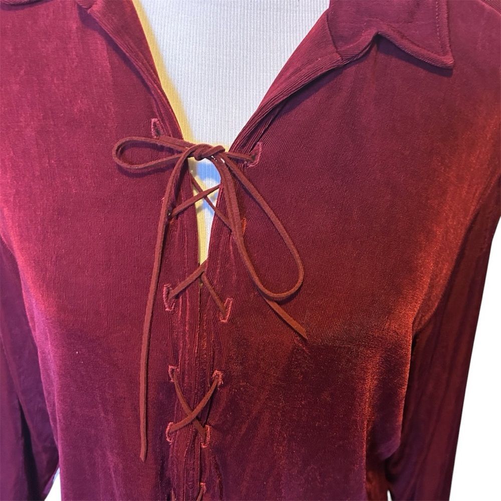 Chico's TRAVELER Red Lace Up Front Blouse Tunic Top Whimsygoth Chico’s 2 Large - Picture 2 of 5
